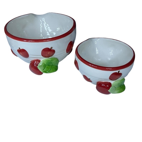 Vintage Mixing Bowls Apples Pour Spouts Handles Ceramic Nesting Design Set of 2 - Picture 5 of 16